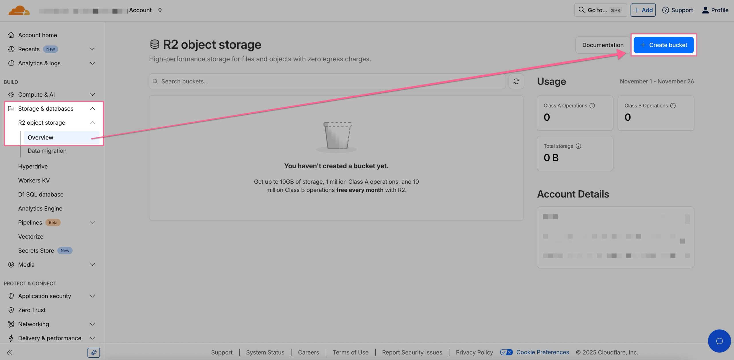 Menu da Cloudflare com o caminho até Create Bucket